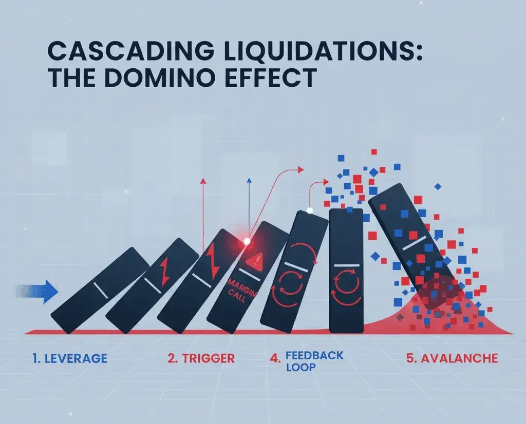 Glass dominoes falling across a circuit board to visualize the cascading liquidation chain reaction in crypto markets.