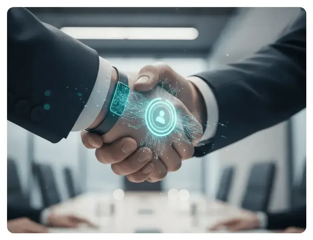 Two professionals shaking hands with a digital identity graphic overlay, representing on-chain reputation and trust in Web3 ecosystems.