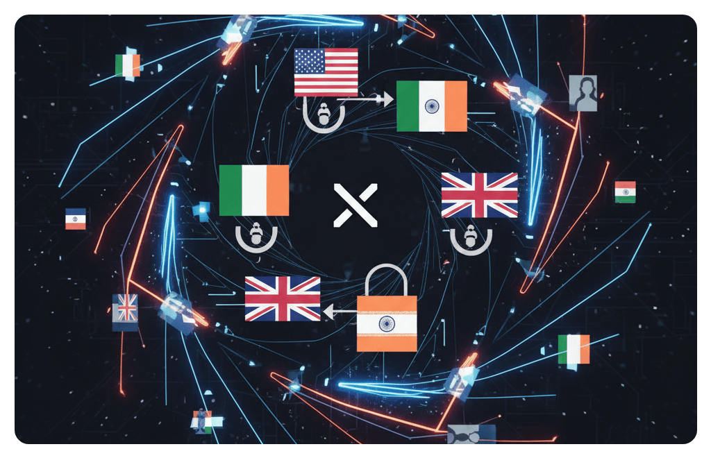 Graphic of whirling country flags representing the mixture of people pretending to be KOLs from other countries.