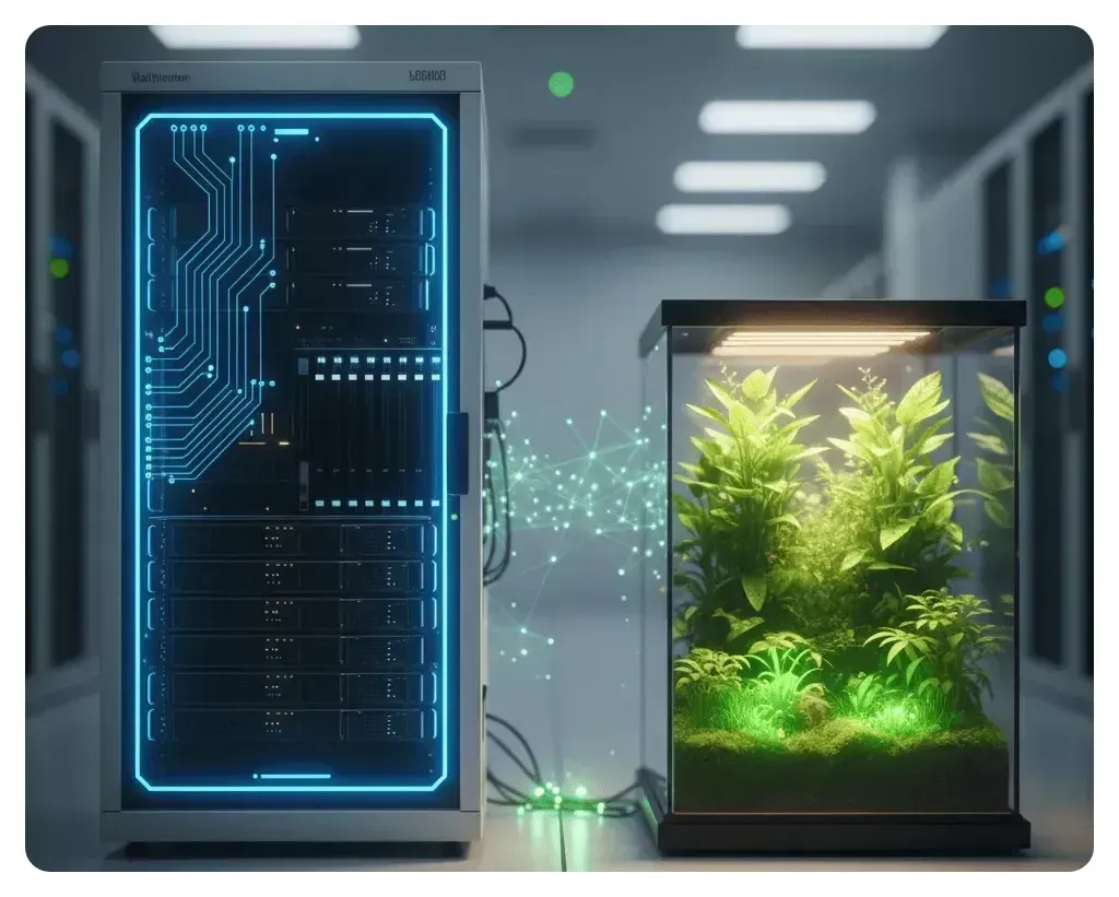 Energy-efficient blockchain server connected to a plant ecosystem, symbolizing sustainability and ESG-driven Web3 innovation.