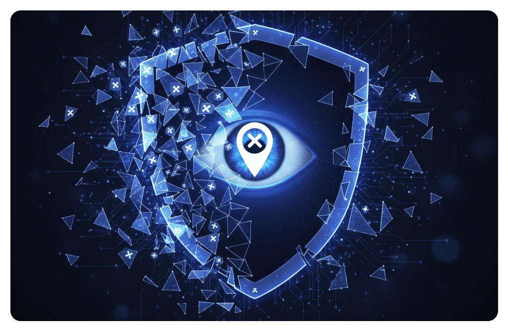 Computer generated image of a shield with an eye in the middle and a location pin representing the twitter update.