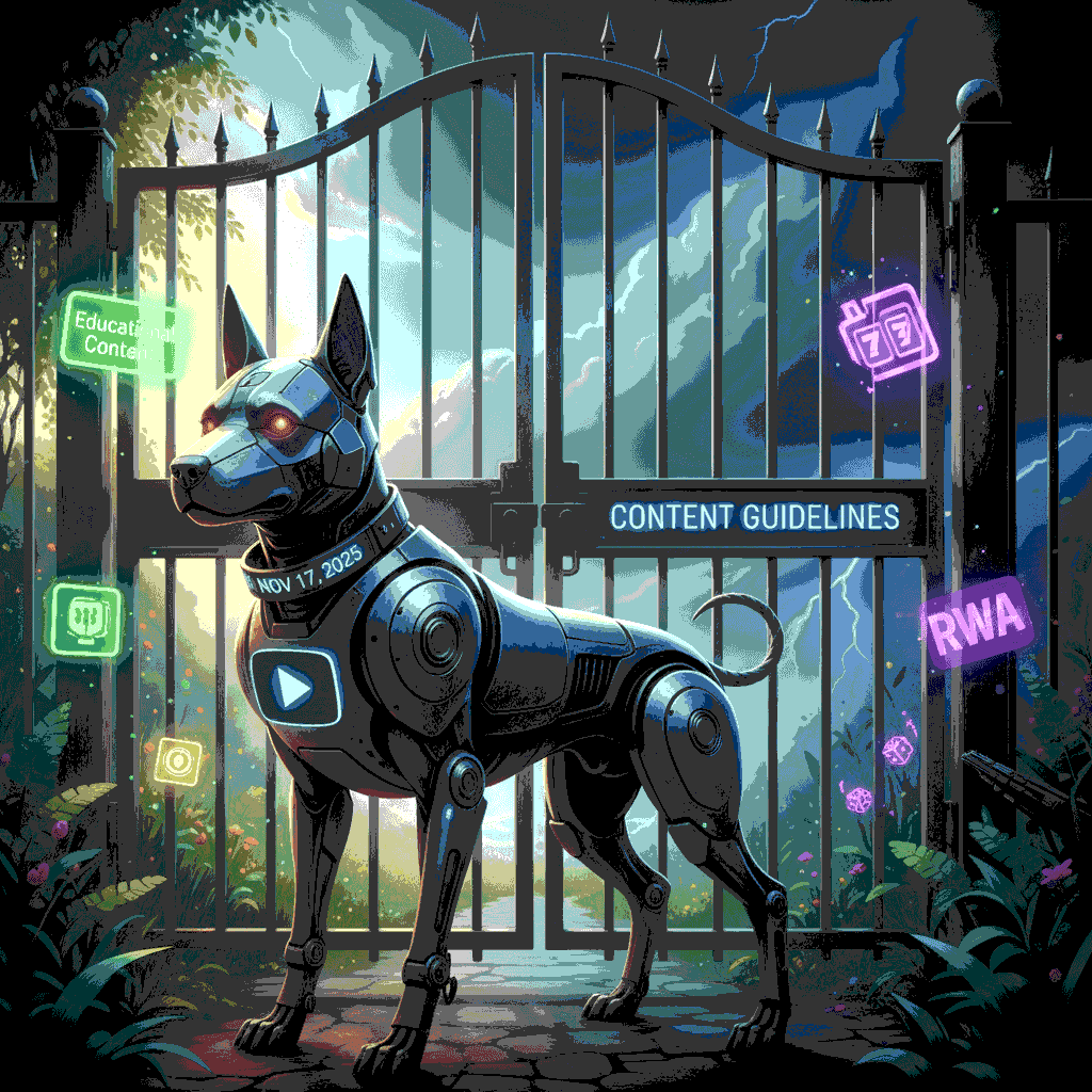 Robotic guard dog with a YouTube logo collar standing in front of a content guidelines gate, symbolizing strict policy enforcement starting November 17, 2025.