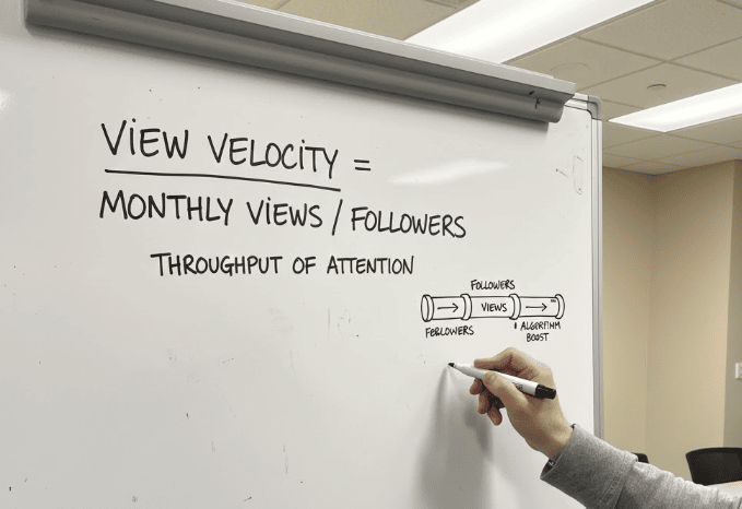 Whiteboard explaining the View Velocity formula used to evaluate crypto and Web3 KOL performance.