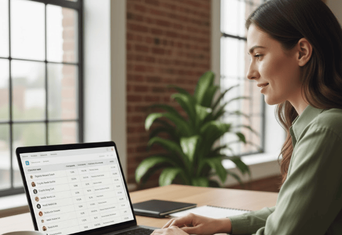 A marketer reviews a creator shortlist on a laptop, showing influencer data such as views, followers, and performance metrics.