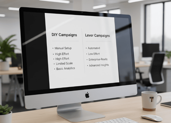 A computer monitor displaying a comparison chart between DIY campaigns and Lever-managed campaigns, highlighting automation and insights.