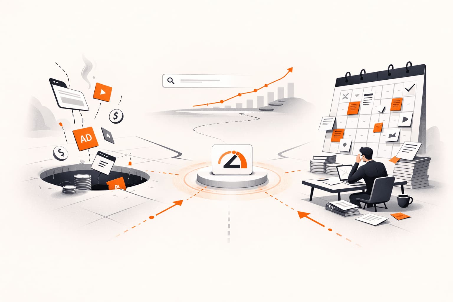 Minimal editorial illustration showing paid ads draining budget, slow SEO growth, and an overwhelming content calendar surrounding an early-stage product.