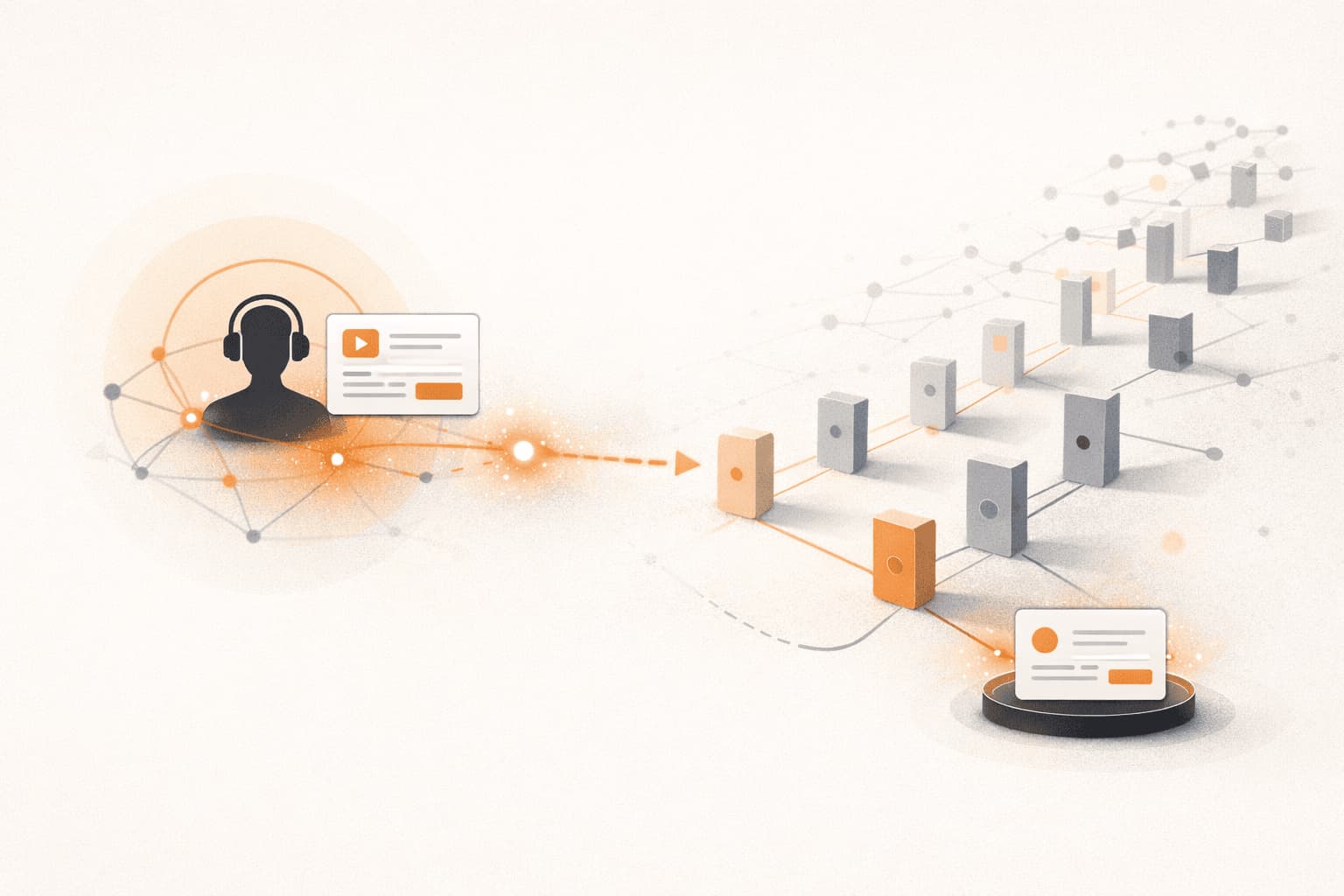 Editorial illustration of a product being matched with vetted creators through a structured selection layer, representing distribution infrastructure for startups.