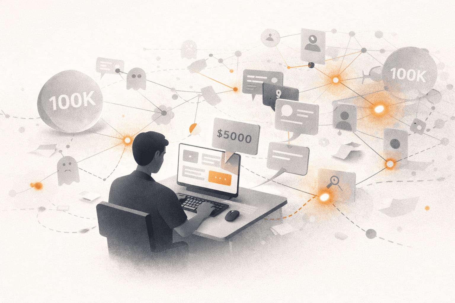 Illustration of a solo founder facing ghosted outreach, confusing creator signals, and high sponsorship quotes while trying to market a product.