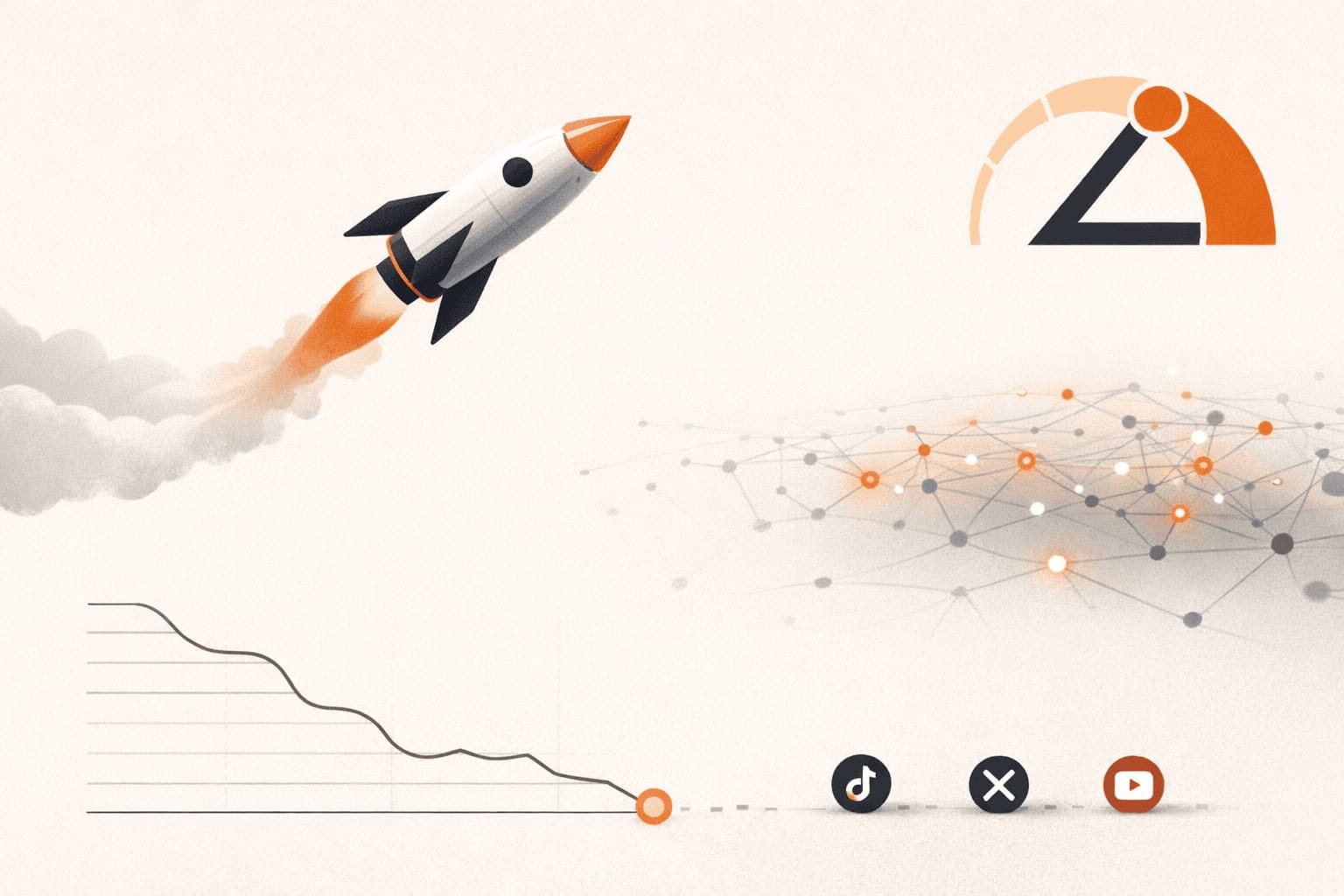 Editorial illustration of a product launch rocket with Lever logo, a falling traffic graph, and TikTok, X, and YouTube icons showing low traction before audience distribution begins.