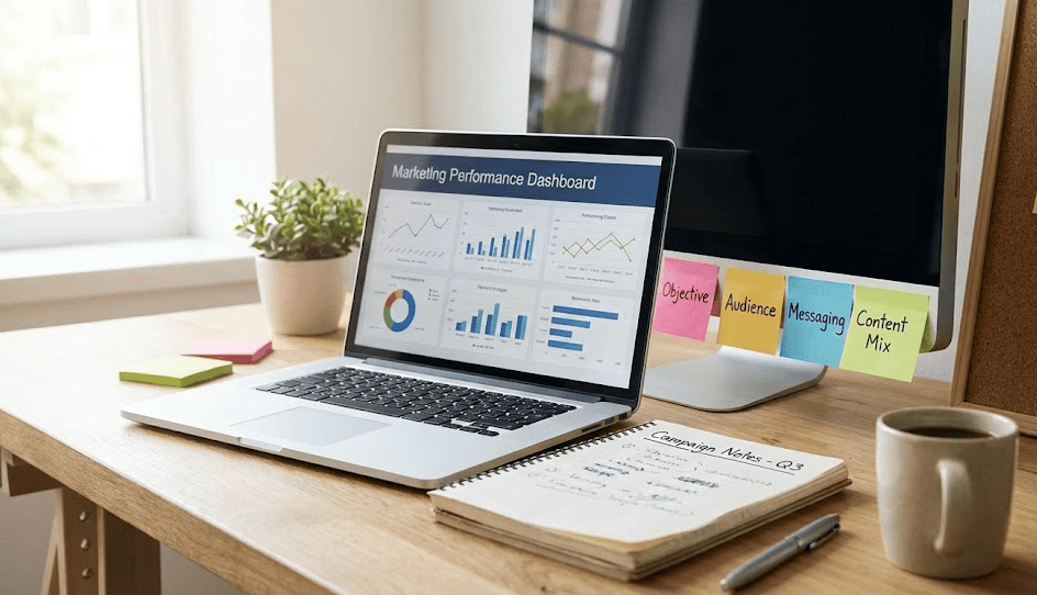 A workspace with a marketing performance dashboard on a laptop and sticky notes labeled Objective, Audience, Messaging, and Content Mix, representing early KOL campaign planning.