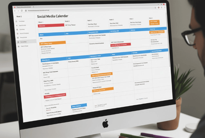 A detailed social media calendar displayed on a desktop monitor, showing a multi-week rollout schedule for campaign content.