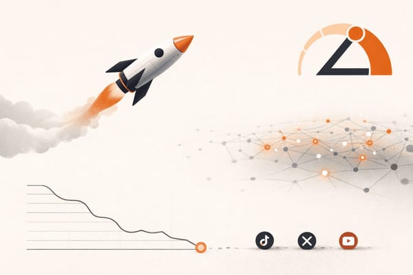 Editorial illustration of a product launch rocket with Lever logo, a falling traffic graph, and TikTok, X, and YouTube icons showing low traction before audience distribution begins.